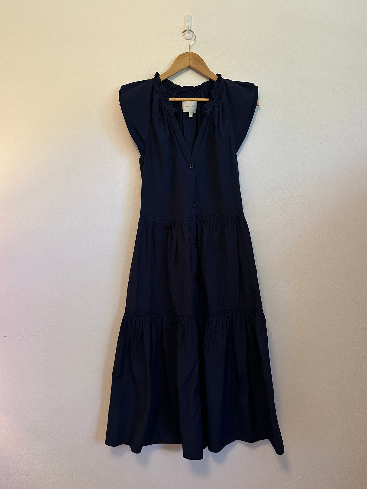 Brochu Walker Santorini Navy Blue Tiered Ruffle Flutter Sleeve Dress | Size XS