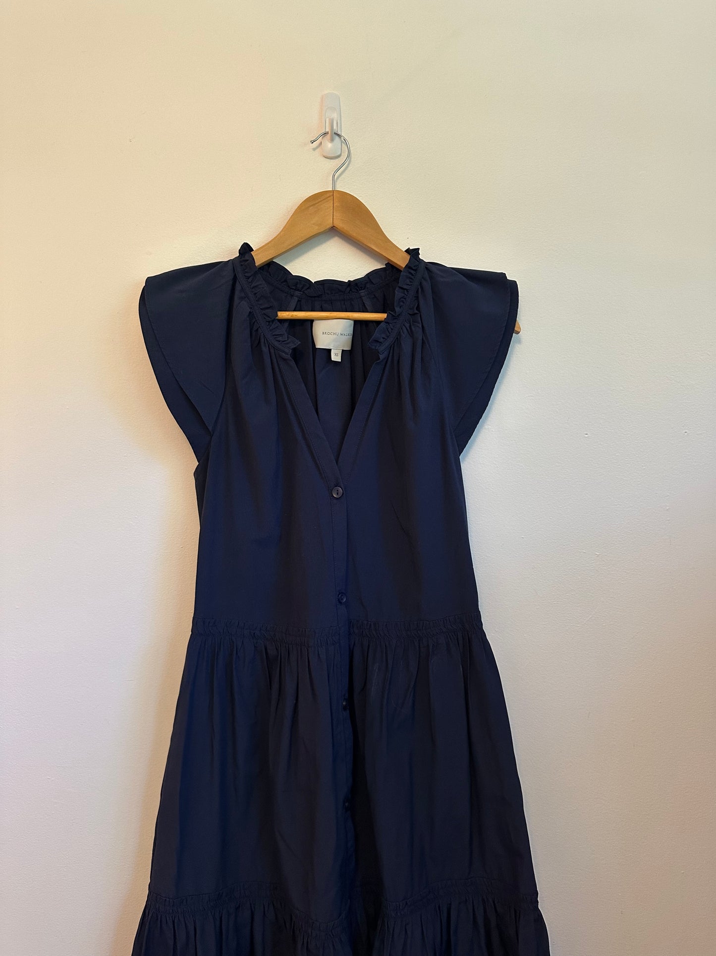 Brochu Walker Santorini Navy Blue Tiered Ruffle Flutter Sleeve Dress | Size XS