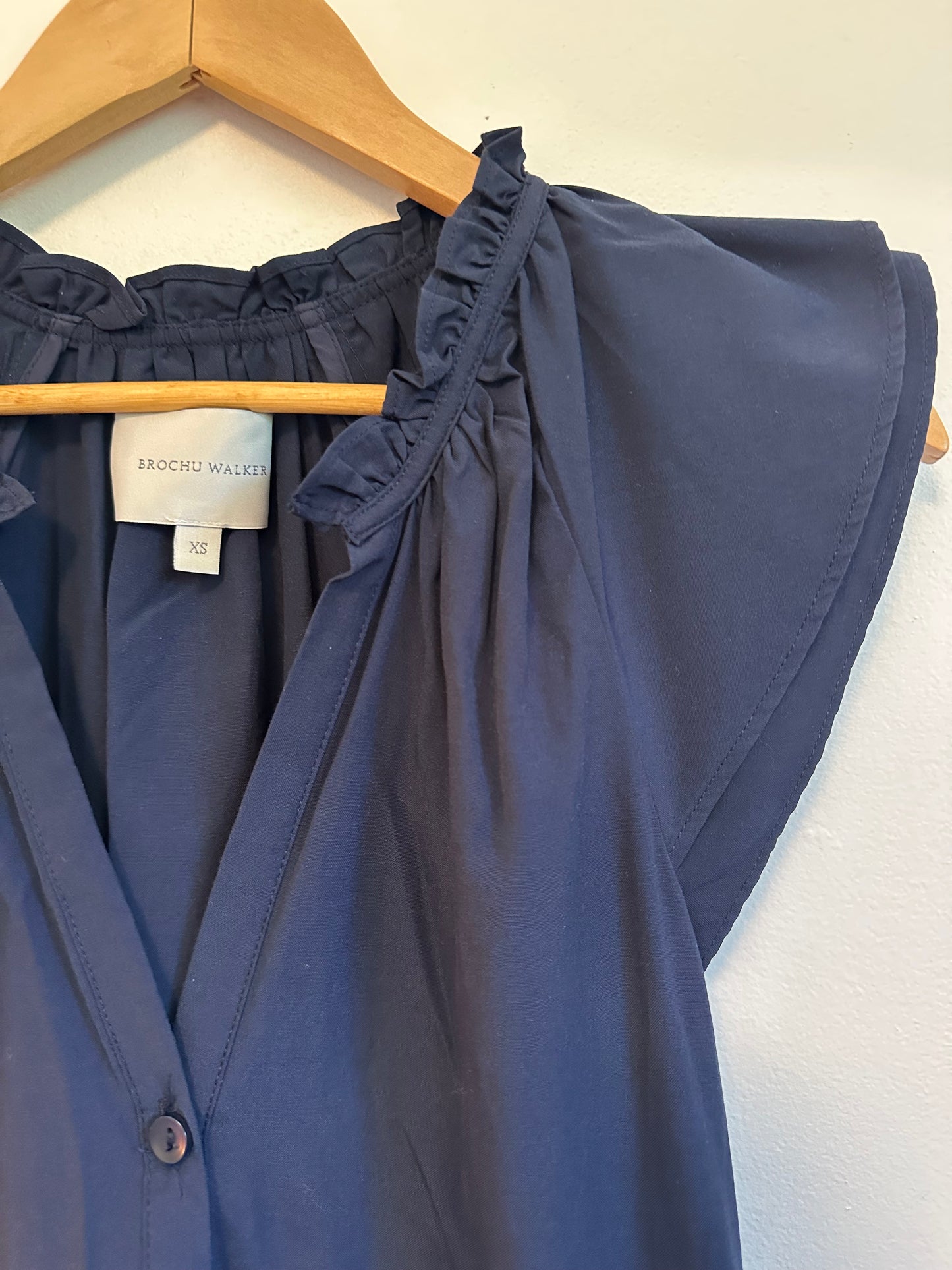 Brochu Walker Santorini Navy Blue Tiered Ruffle Flutter Sleeve Dress | Size XS