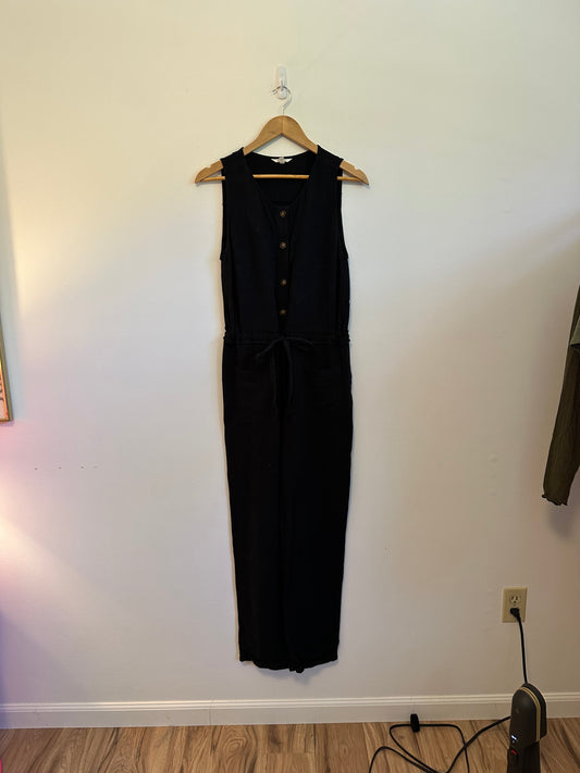 Splendid Black Viscose and Linen Blend Button Front Sleeveless Jumpsuit | XS