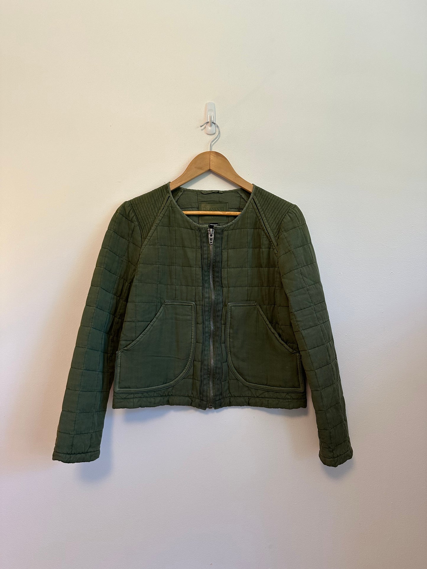 BlankNYC Happy Camper Olive Green Quilted Cropped Zip Up Bomber Jacket | Size Small