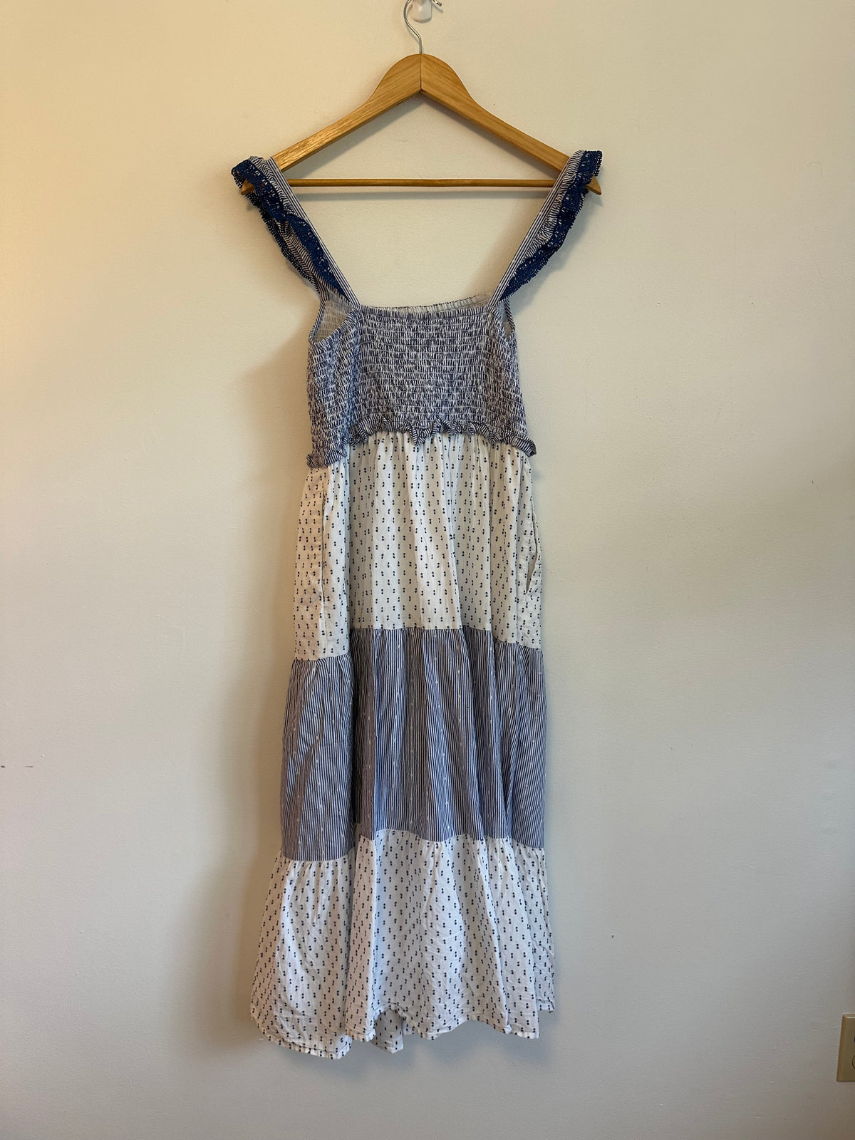 J. Crew Blue and White Striped Dotted Smocked Tiered Midi Dress | Size Small