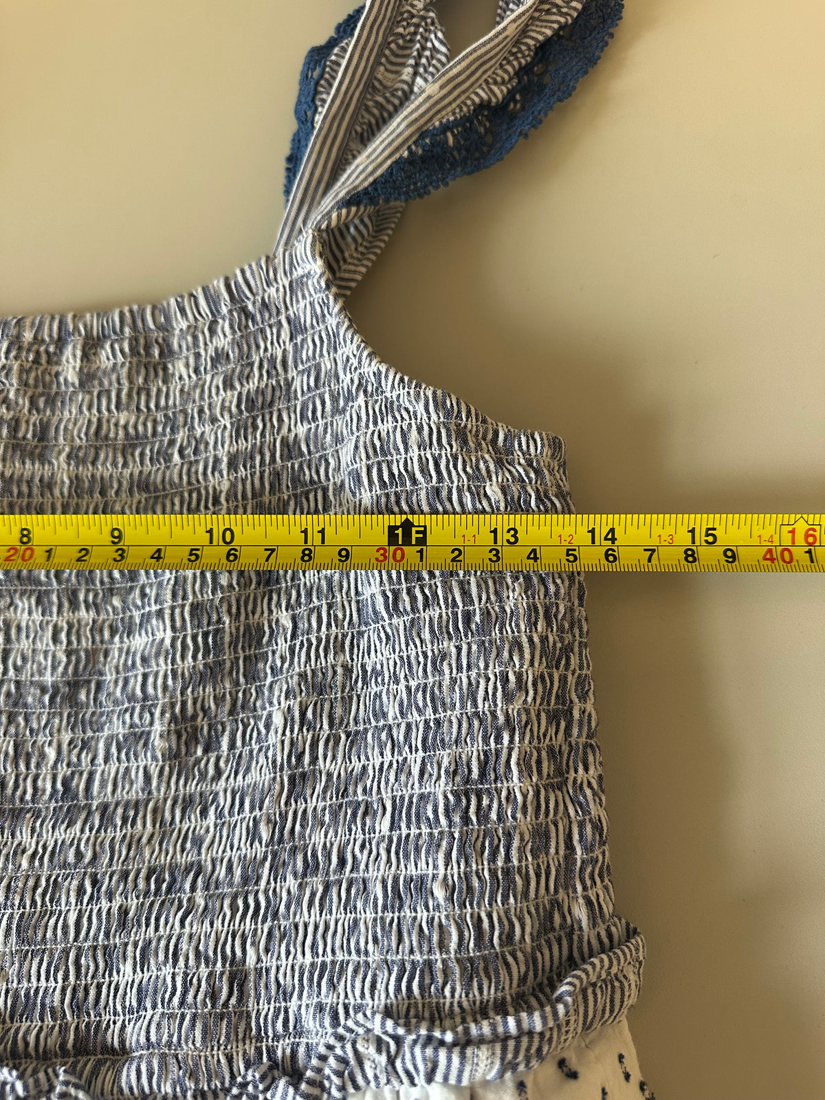 J. Crew Blue and White Striped Dotted Smocked Tiered Midi Dress | Size Small