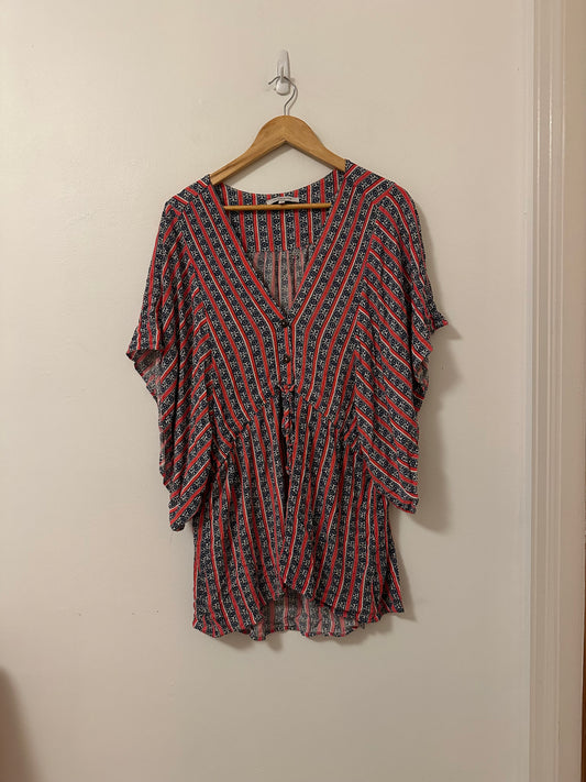 Olivaceous Tie Waist Red Printed Boho Blouse | Size Small