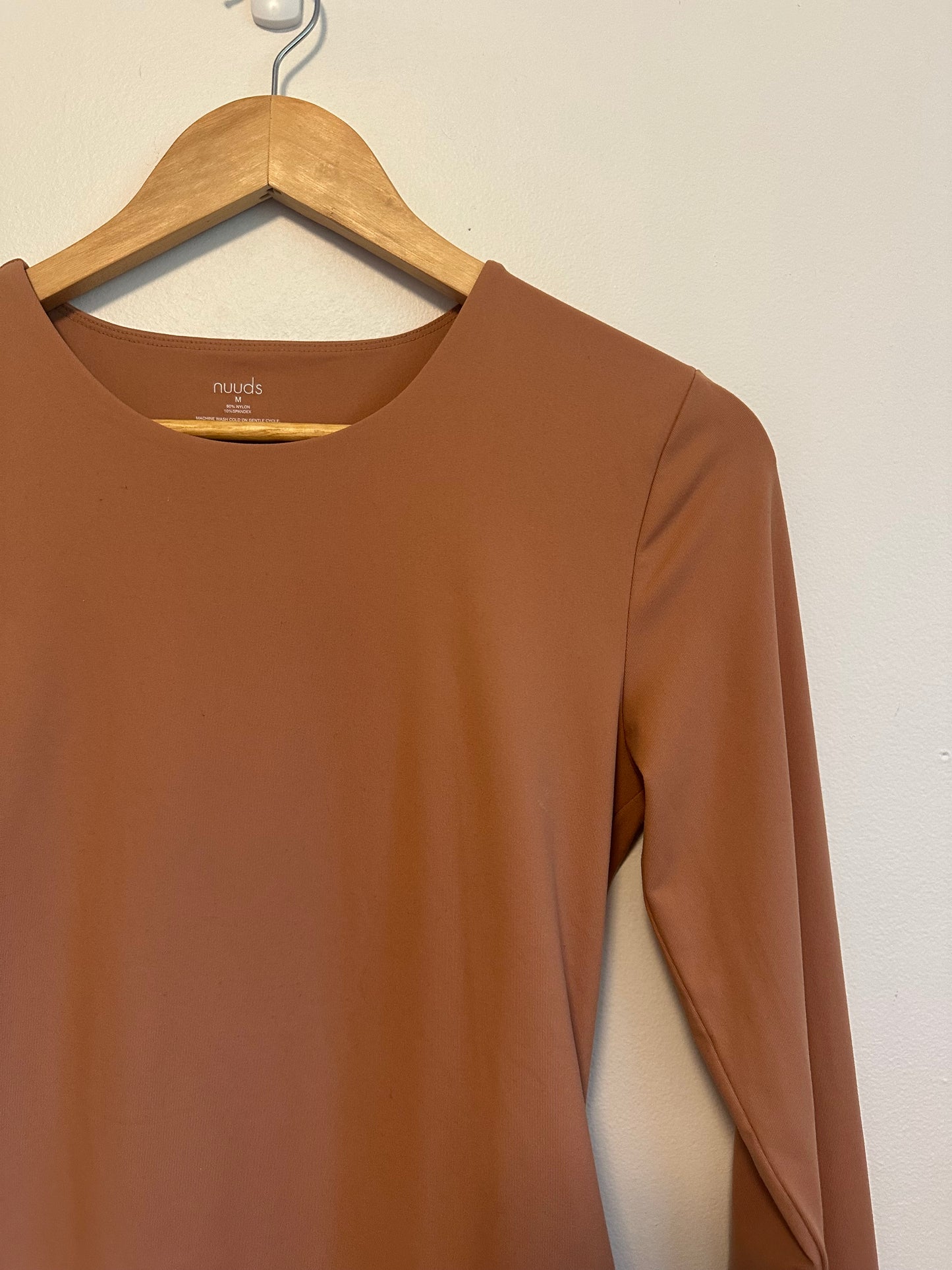 Nuuds Long Sleeve Crew Neck Thong Bodysuit in Clay | Size Medium
