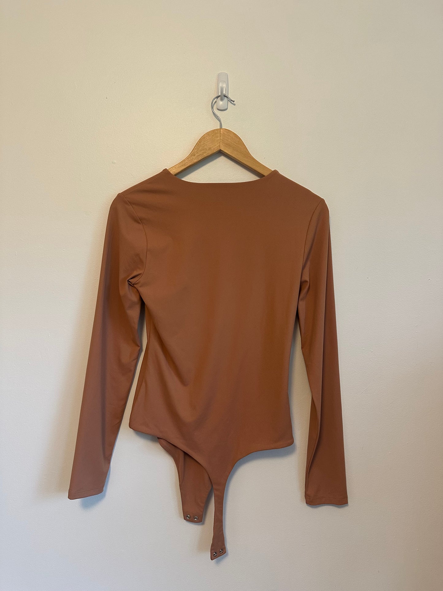 Nuuds Long Sleeve Crew Neck Thong Bodysuit in Clay | Size Medium