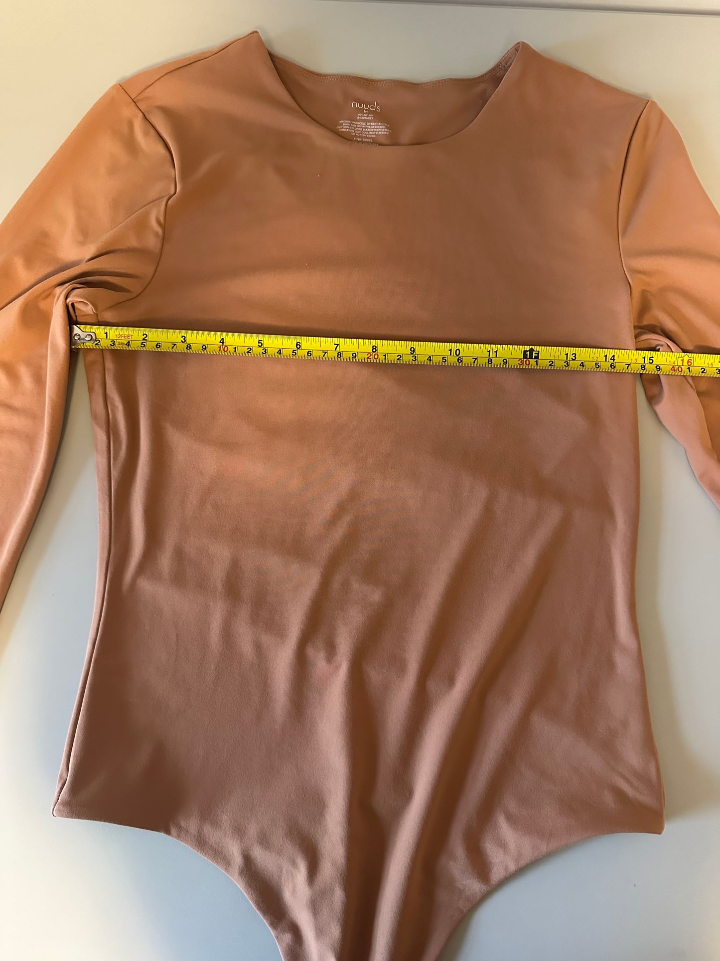 Nuuds Long Sleeve Crew Neck Thong Bodysuit in Clay | Size Medium