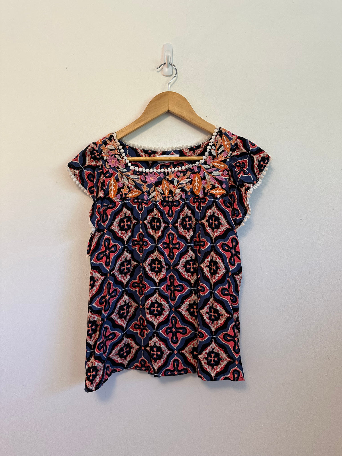 THML Navy and Pink Geometric Embroidered Pom Pom Square Neck Blouse | Size Small