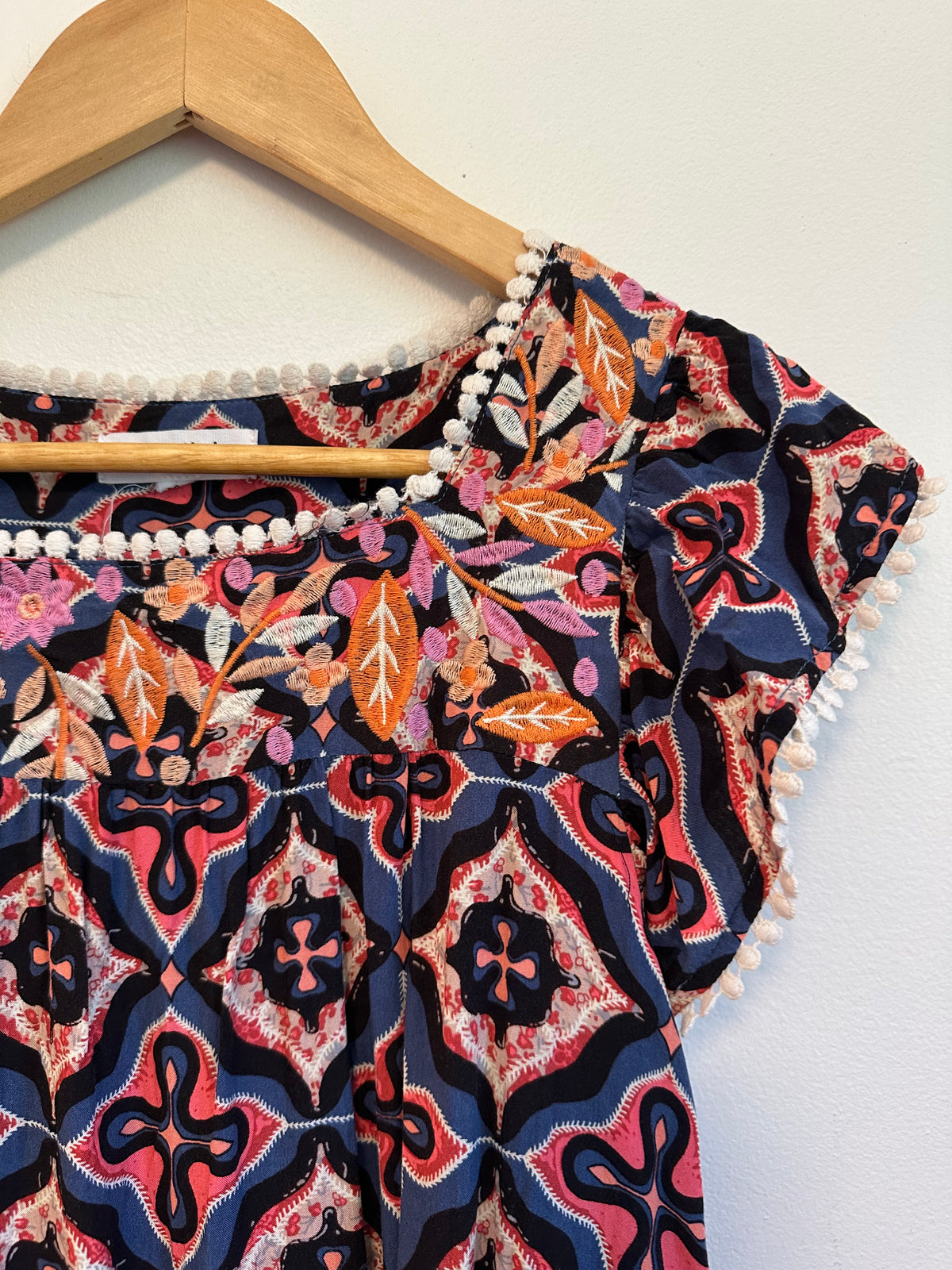 THML Navy and Pink Geometric Embroidered Pom Pom Square Neck Blouse | Size Small