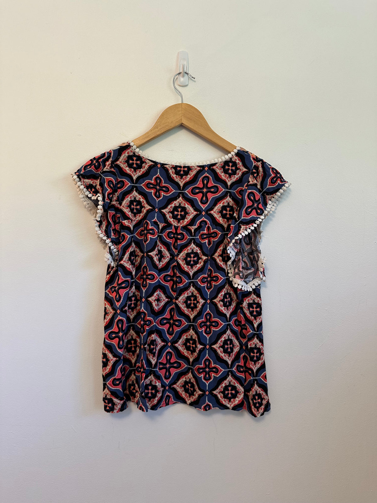 THML Navy and Pink Geometric Embroidered Pom Pom Square Neck Blouse | Size Small