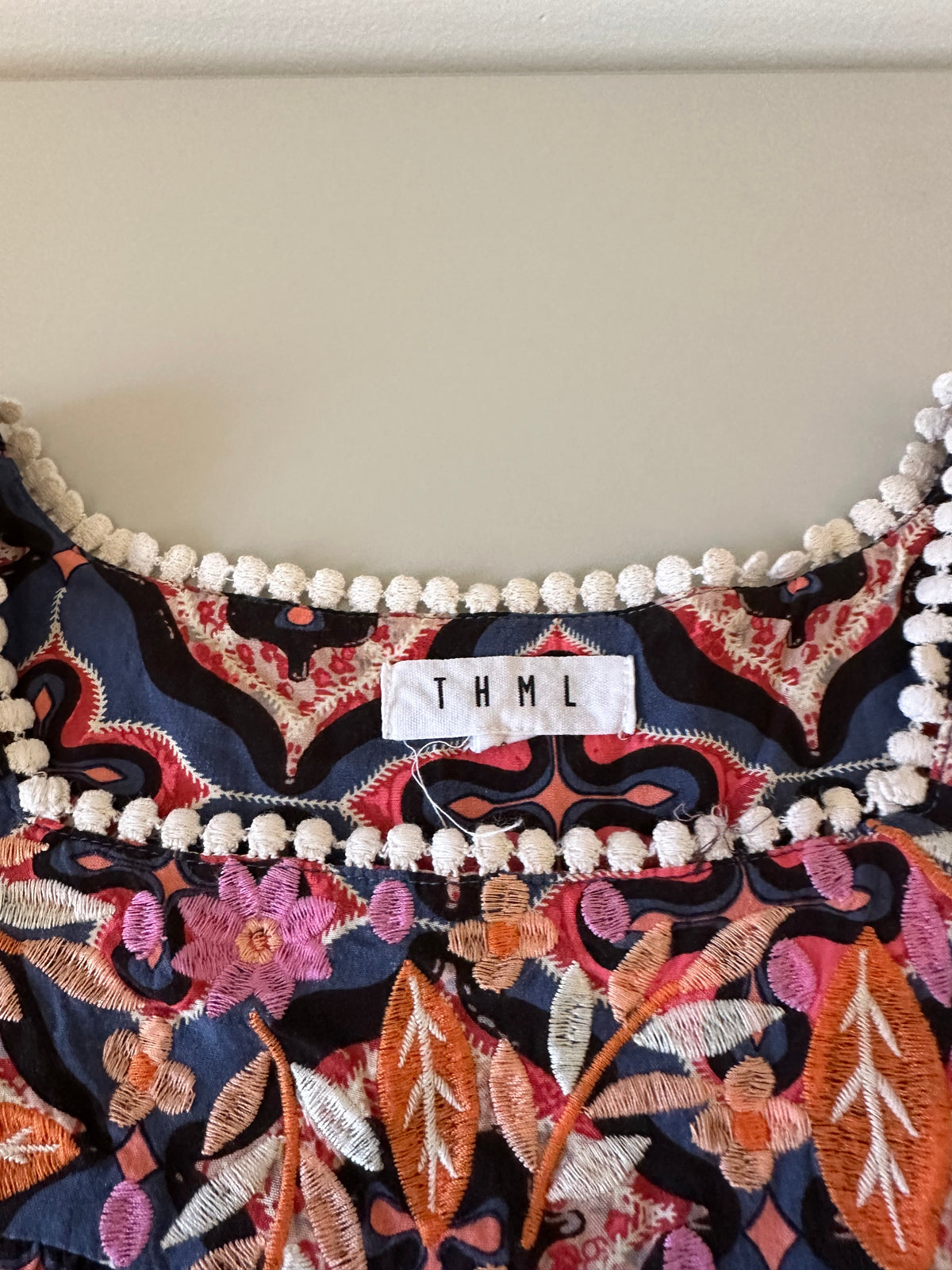 THML Navy and Pink Geometric Embroidered Pom Pom Square Neck Blouse | Size Small