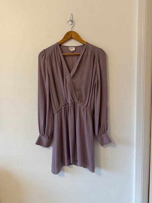 Parker Long Sleeve Silk V Neck Mini Dress in Purple | Size XS