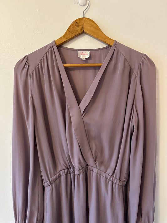 Parker Long Sleeve Silk V Neck Mini Dress in Purple | Size XS