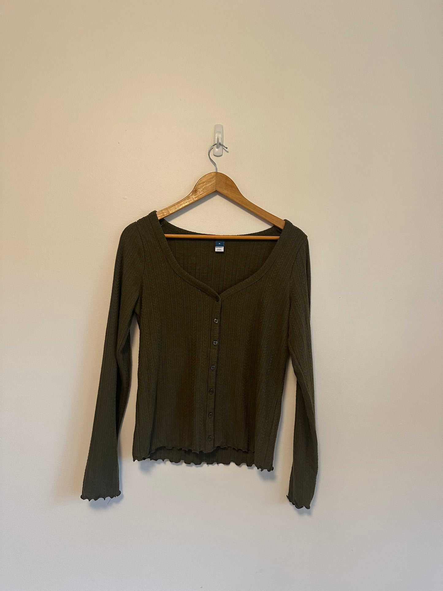 Old Navy Olive Green Pointelle Button Front T-Shirt Cardigan | Size Medium
