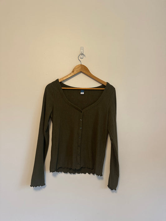 Old Navy Olive Green Pointelle Button Front T-Shirt Cardigan | Size Medium