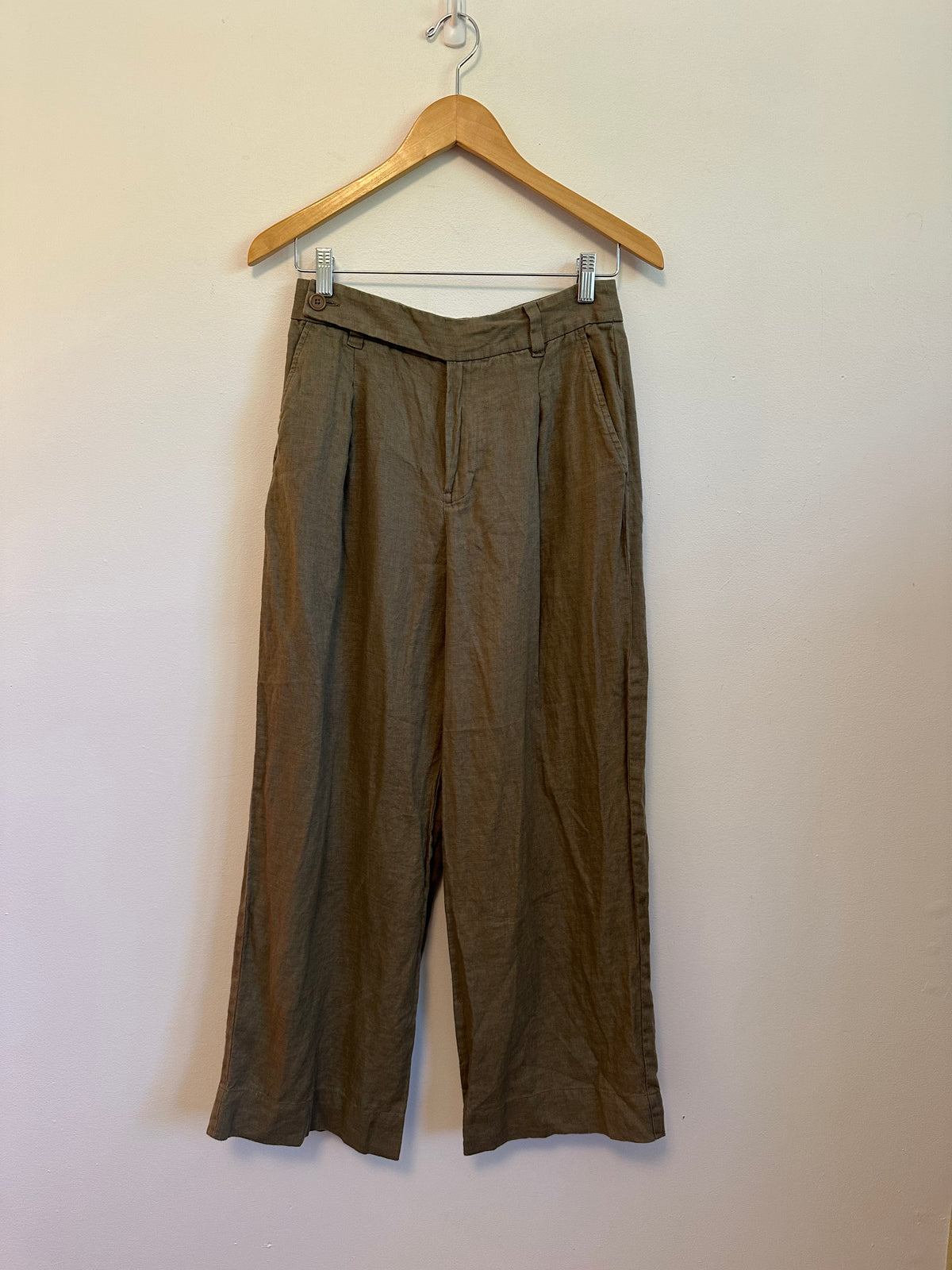 Madewell The Harlow Wide-Leg 100% Linen Olive Green Pants | Size 4P