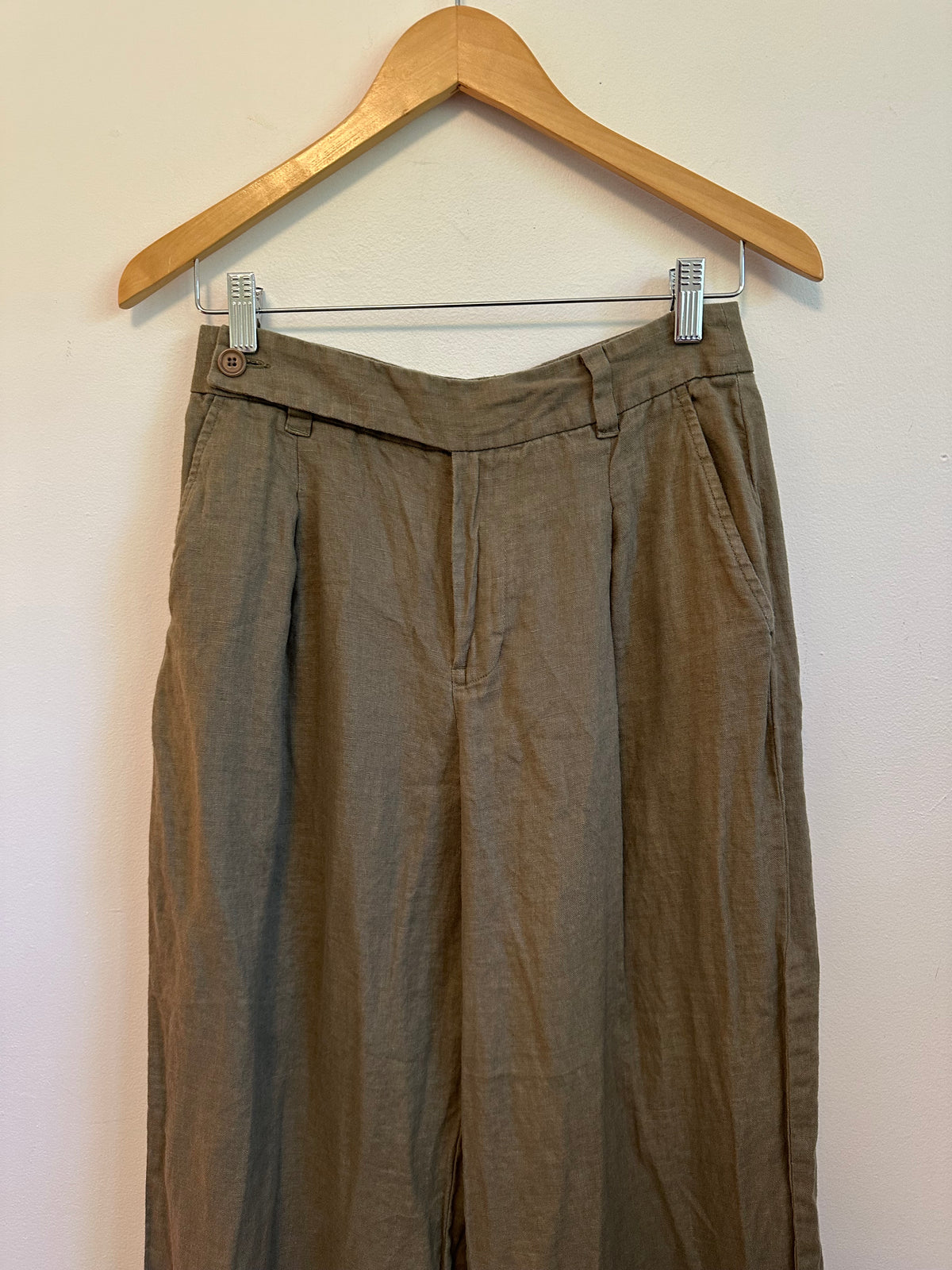 Madewell The Harlow Wide-Leg 100% Linen Olive Green Pants | Size 4P