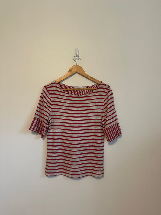 Three Dots Red and Gray Striped Crossover Back Boat Neck Top | Size Medium