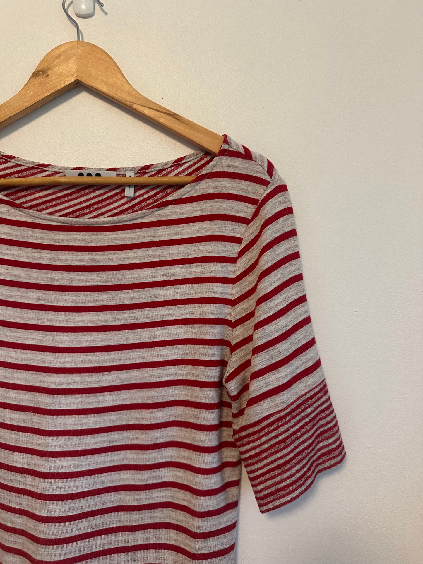 Three Dots Red and Gray Striped Crossover Back Boat Neck Top | Size Medium