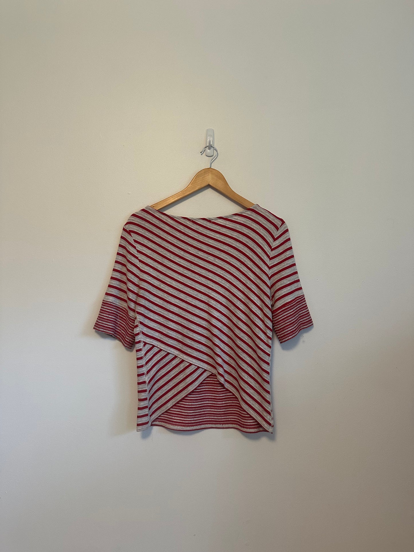Three Dots Red and Gray Striped Crossover Back Boat Neck Top | Size Medium