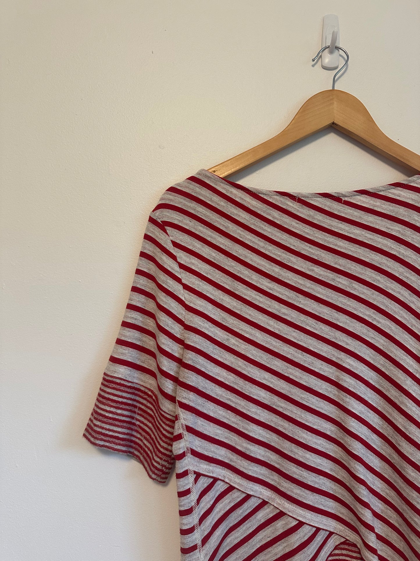 Three Dots Red and Gray Striped Crossover Back Boat Neck Top | Size Medium