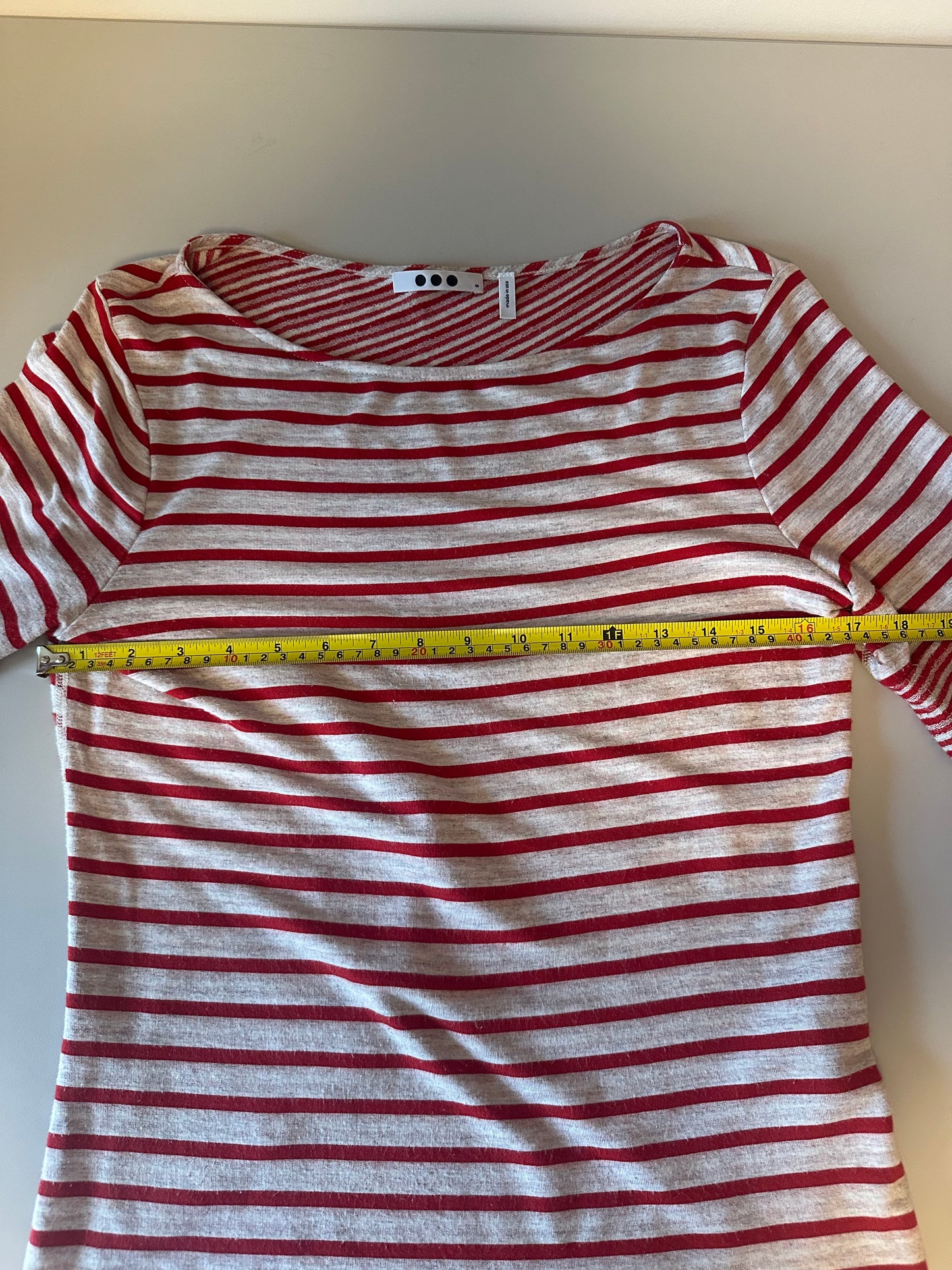 Three Dots Red and Gray Striped Crossover Back Boat Neck Top | Size Medium
