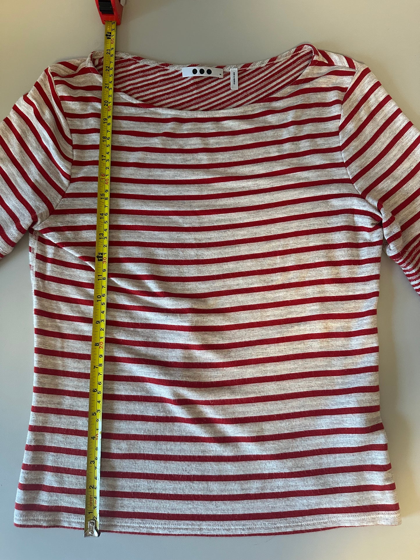 Three Dots Red and Gray Striped Crossover Back Boat Neck Top | Size Medium