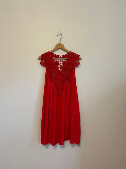 NWT Ya Los Angeles Red Crochet Lace Boho Mini Dress Sleeveless V-Neck | Medium
