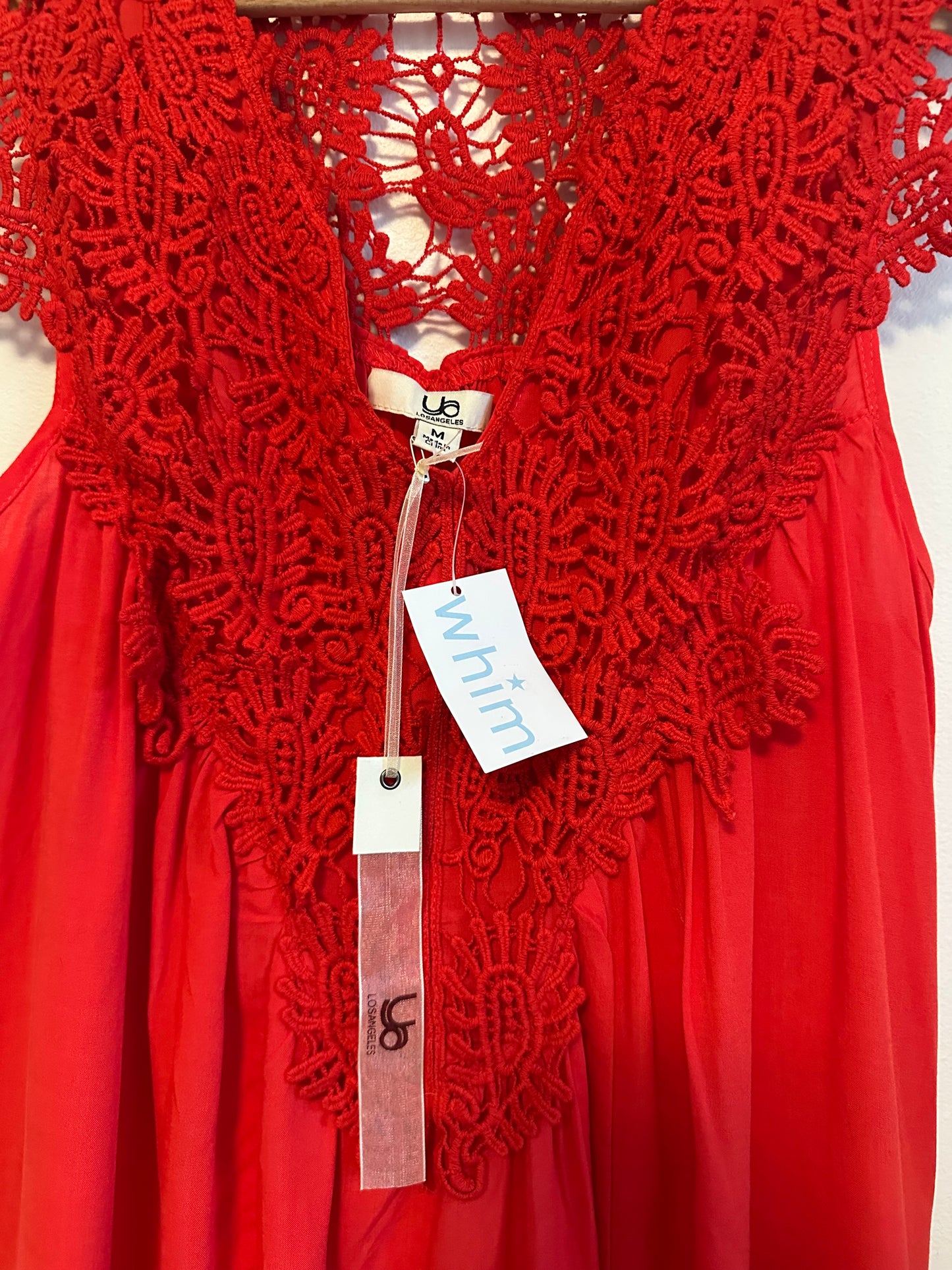 NWT Ya Los Angeles Red Crochet Lace Boho Mini Dress Sleeveless V-Neck | Medium