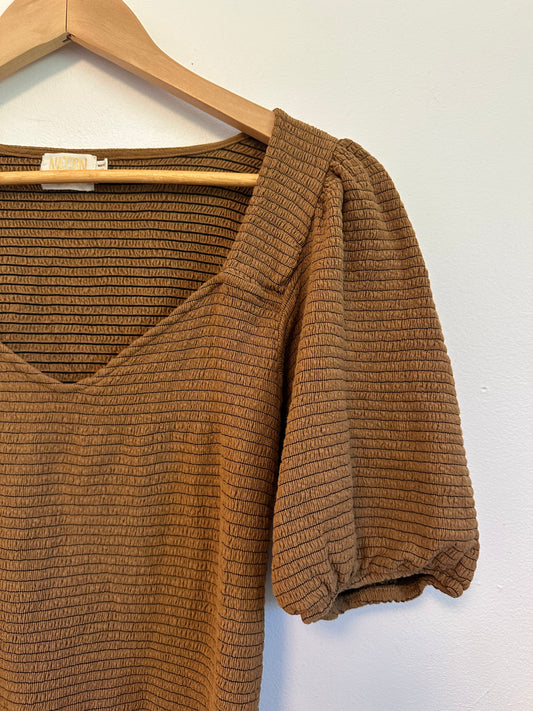 Nation LTD Brown Smocked Pima Cotton Puff Sleeve V-Neck Top | Size Medium