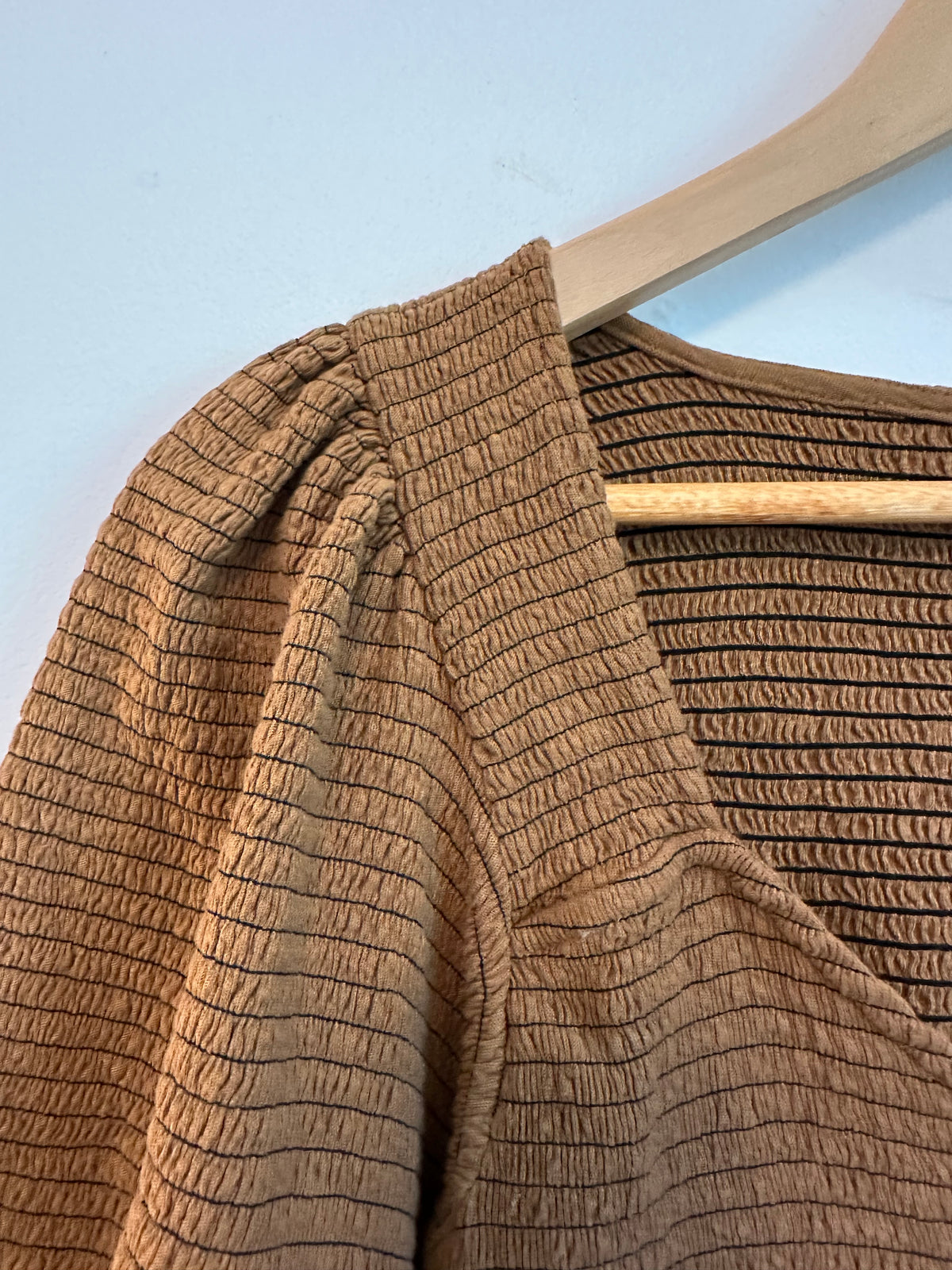 Nation LTD Brown Smocked Pima Cotton Puff Sleeve V-Neck Top | Size Medium