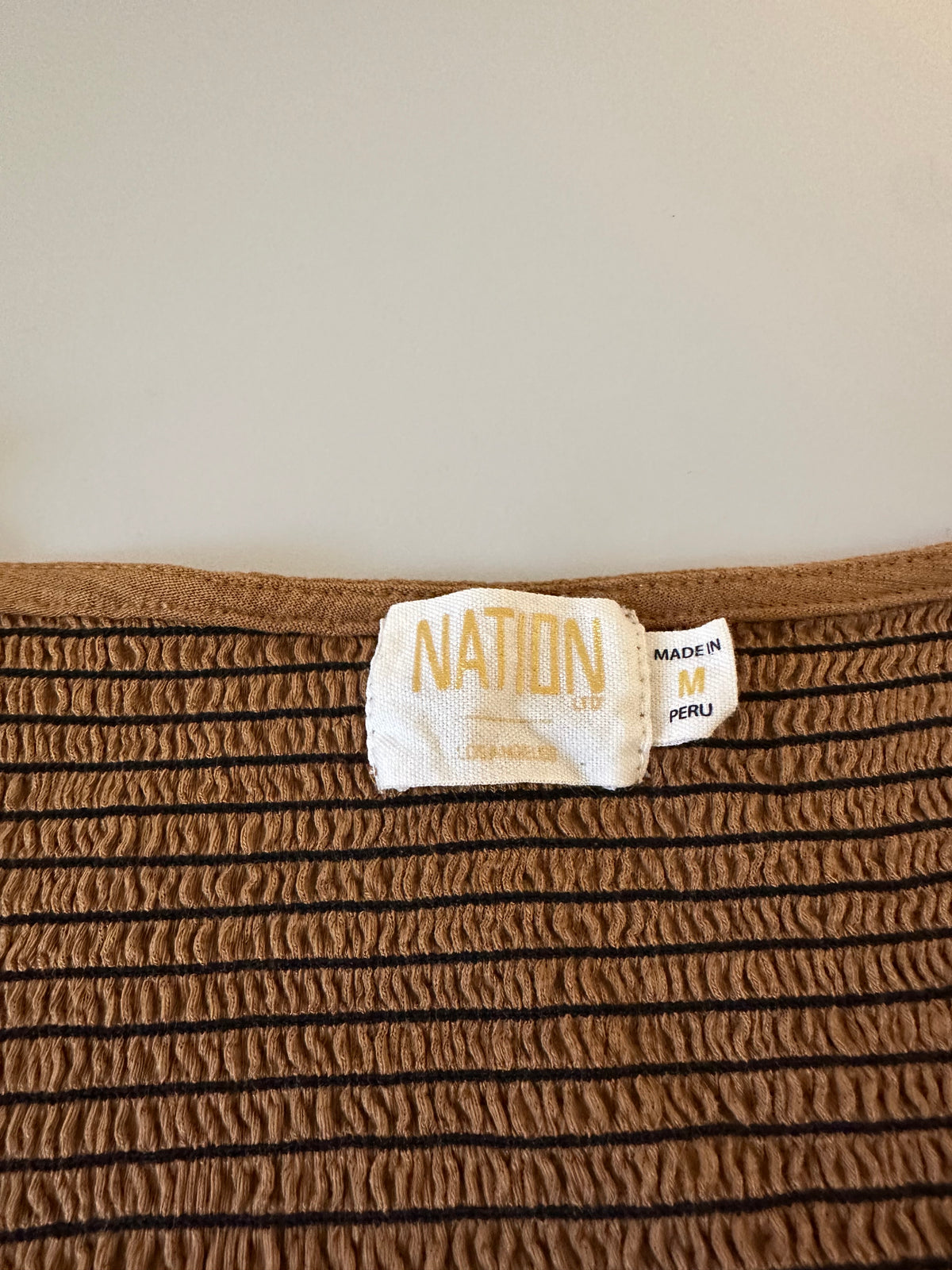 Nation LTD Brown Smocked Pima Cotton Puff Sleeve V-Neck Top | Size Medium