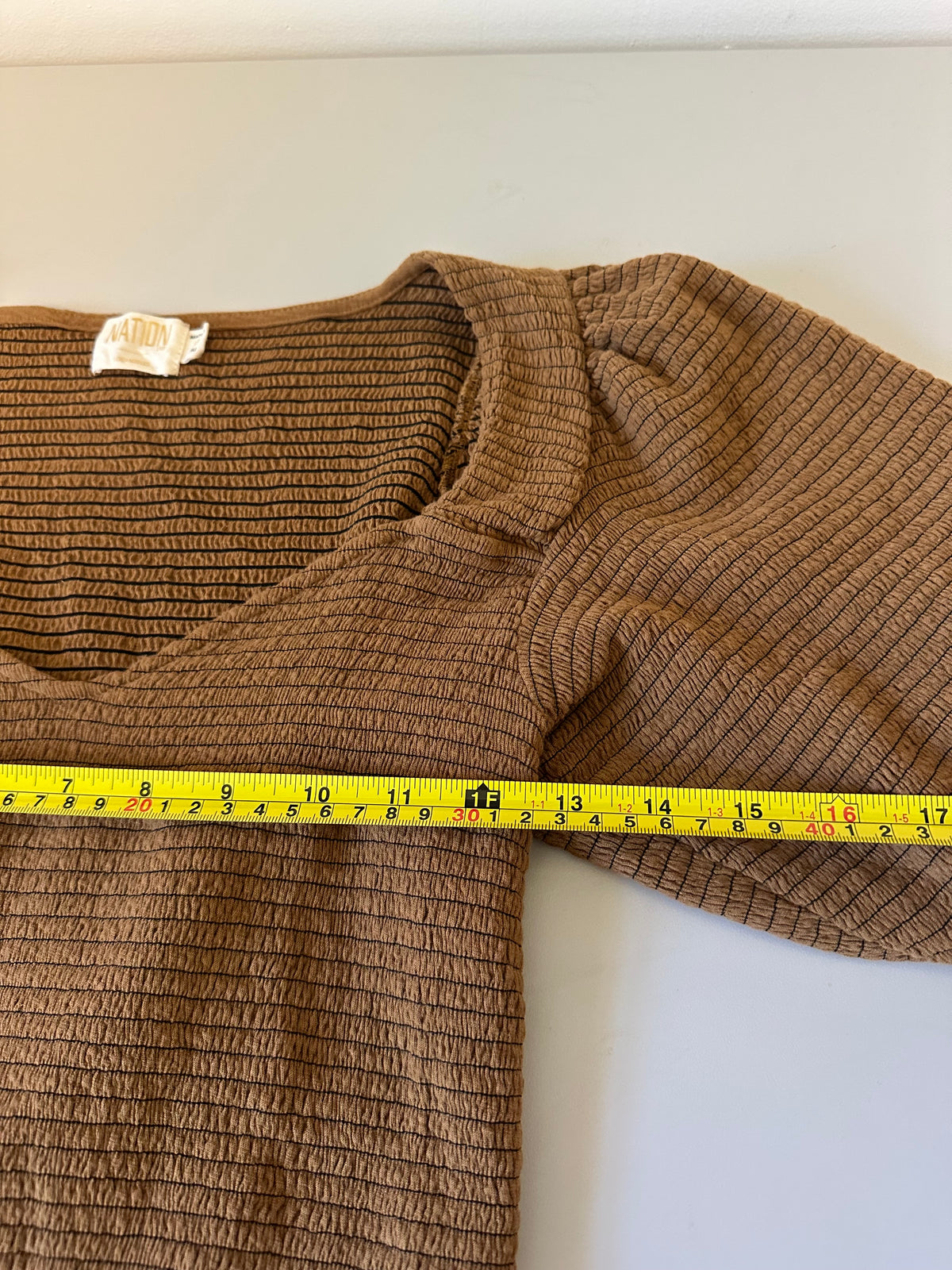 Nation LTD Brown Smocked Pima Cotton Puff Sleeve V-Neck Top | Size Medium
