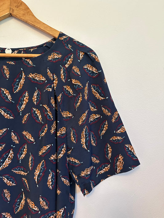 Margaret O'Leary Navy Blue Feather Print 100% Silk Short Sleeve Blouse
