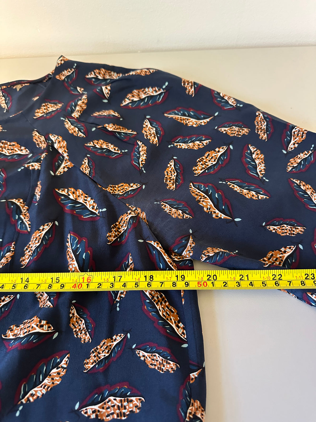 Margaret O'Leary Navy Blue Feather Print 100% Silk Short Sleeve Blouse