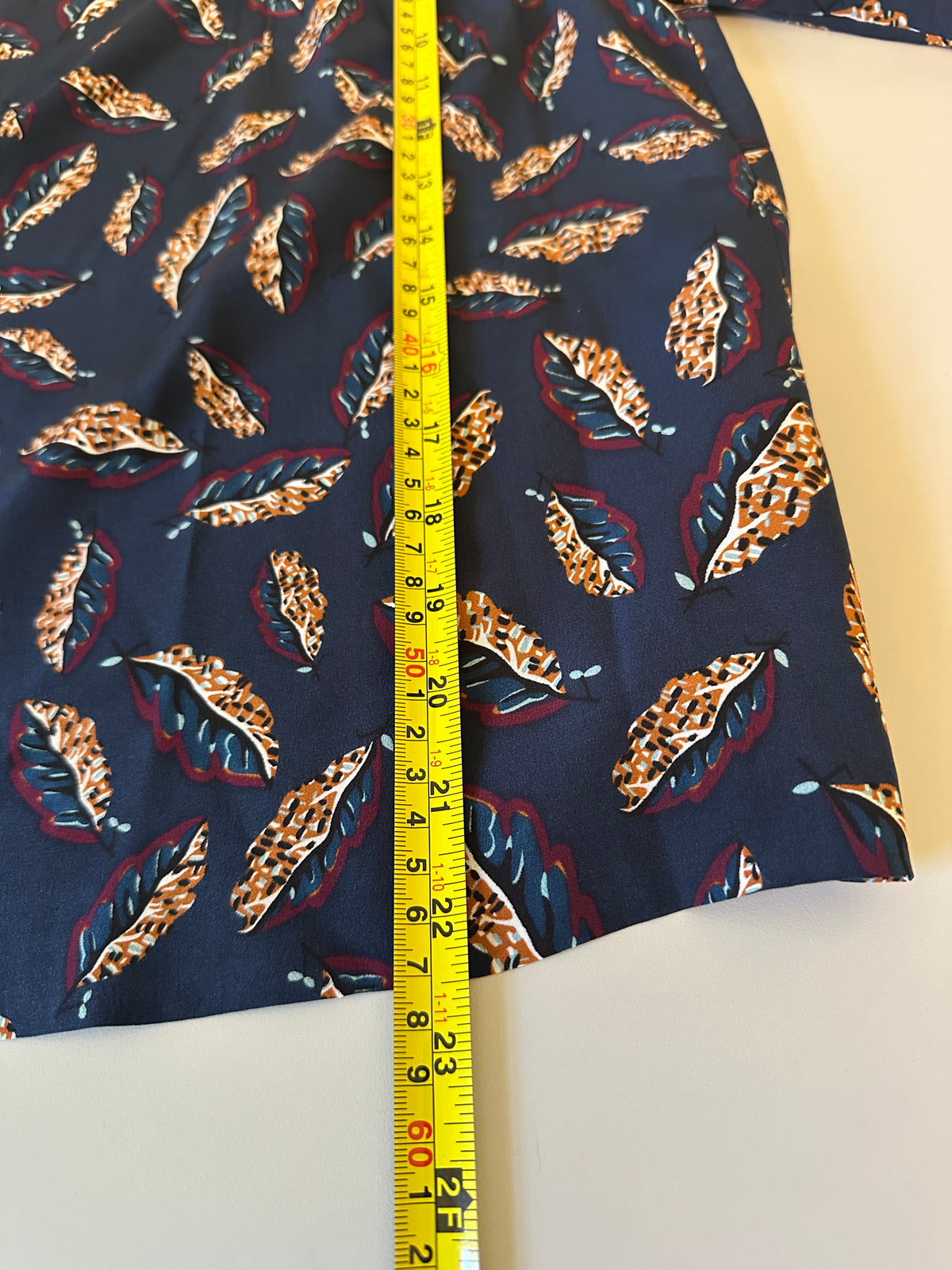 Margaret O'Leary Navy Blue Feather Print 100% Silk Short Sleeve Blouse