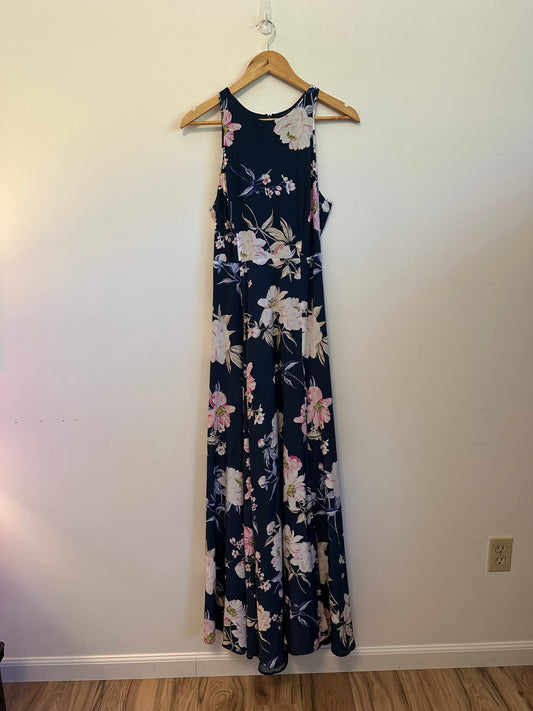 Yumi Kim Navy Blue Floral 100% Silk Maxi Dress | Size Medium