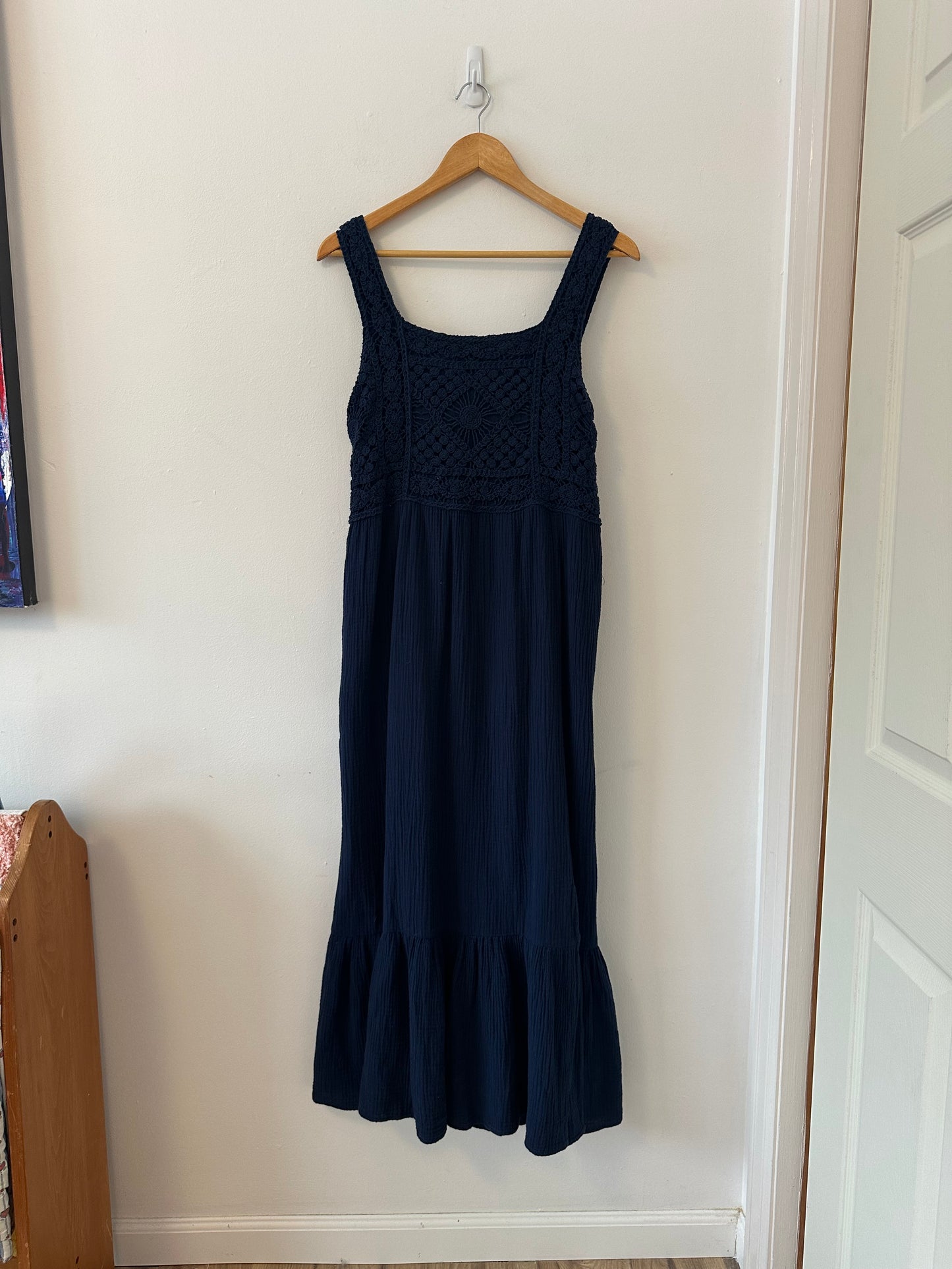 NWT Dear John Navy Blue Cotton Crochet and Gauze Chasity Maxi Dress | Size Large