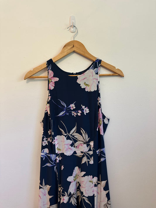 Yumi Kim Navy Blue Floral 100% Silk Maxi Dress | Size Medium
