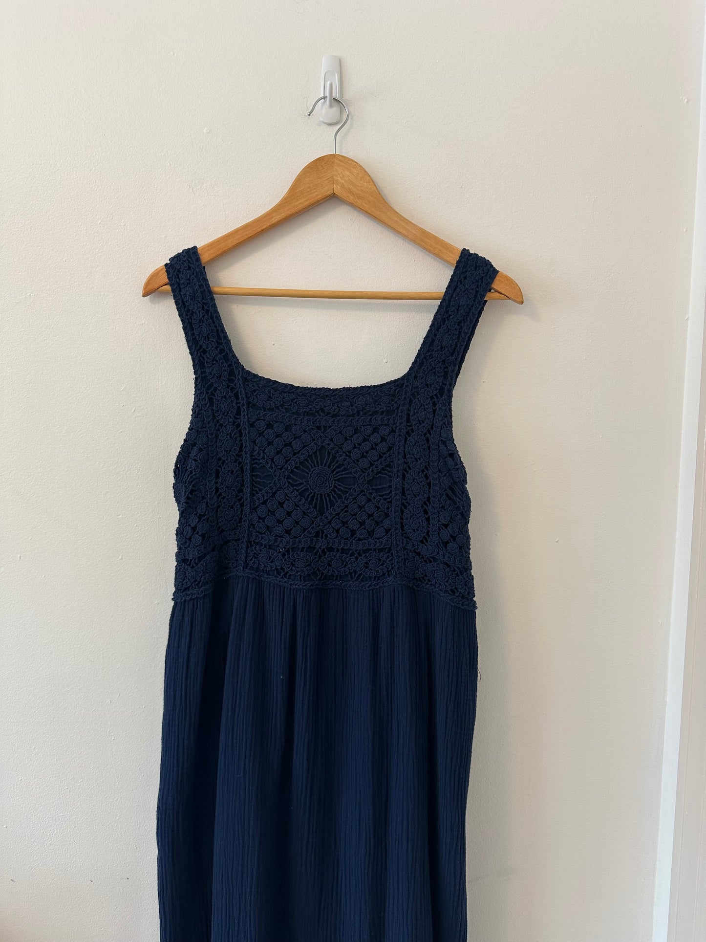 NWT Dear John Navy Blue Cotton Crochet and Gauze Chasity Maxi Dress | Size Large