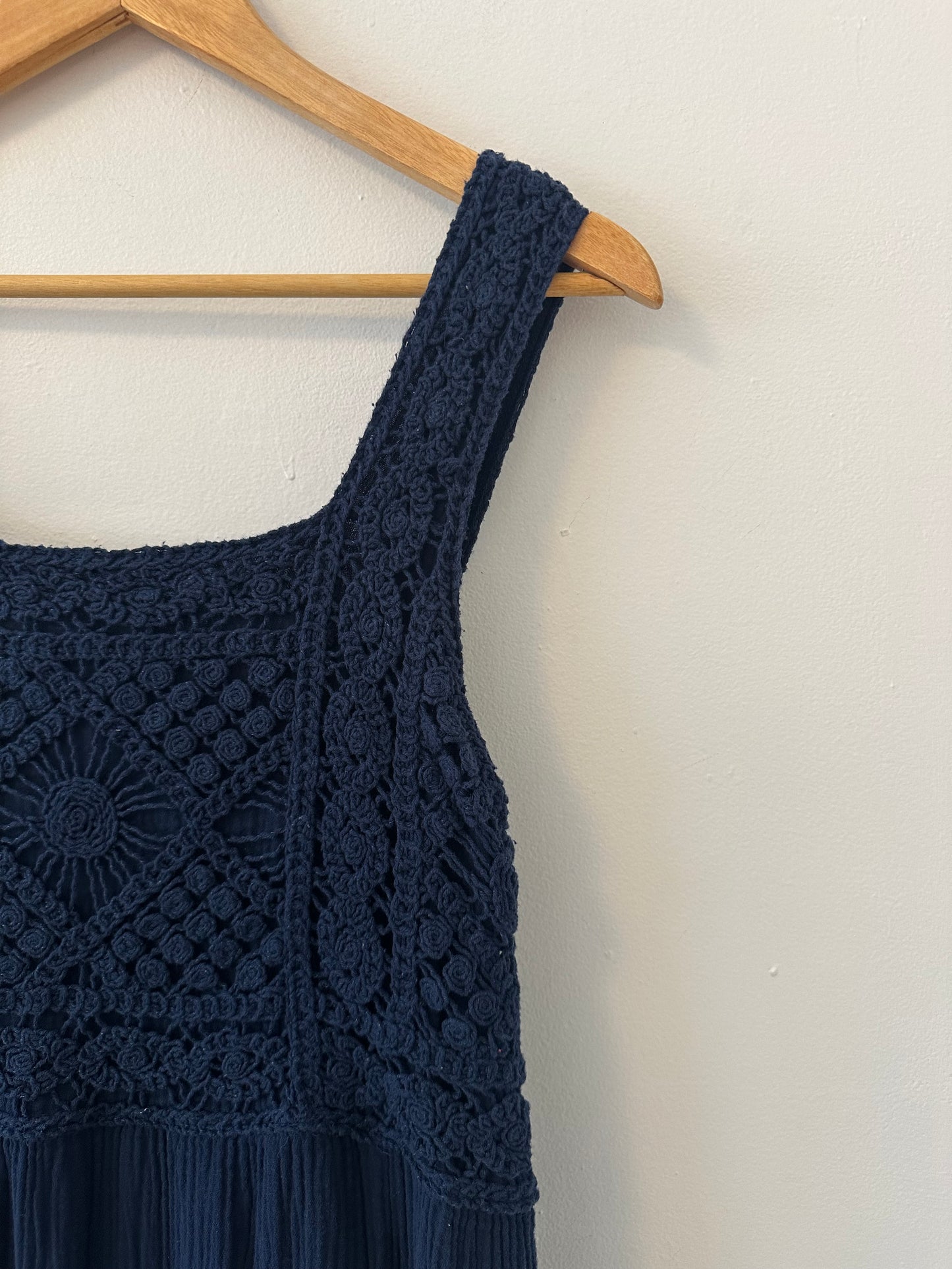 NWT Dear John Navy Blue Cotton Crochet and Gauze Chasity Maxi Dress | Size Large