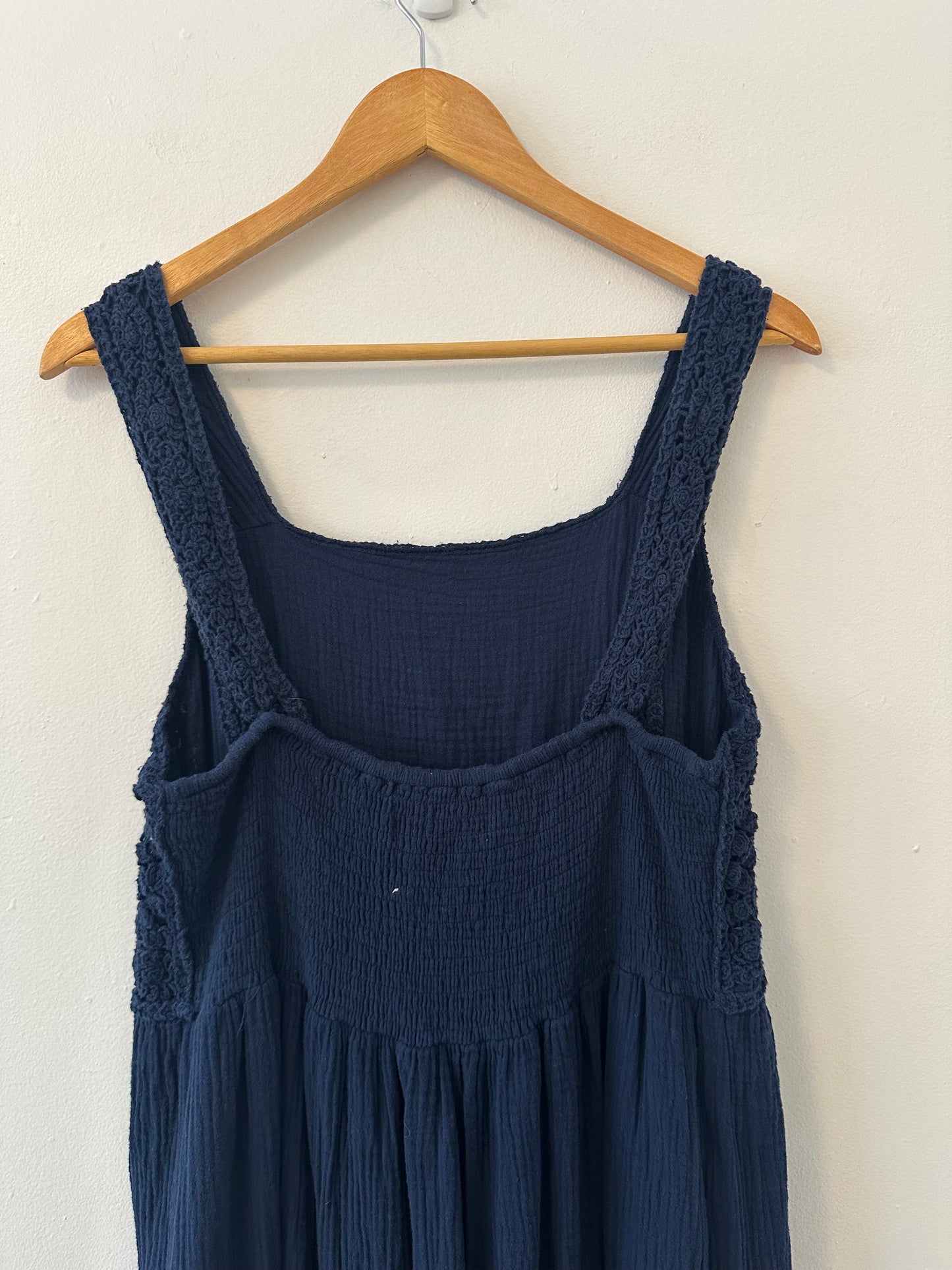 NWT Dear John Navy Blue Cotton Crochet and Gauze Chasity Maxi Dress | Size Large