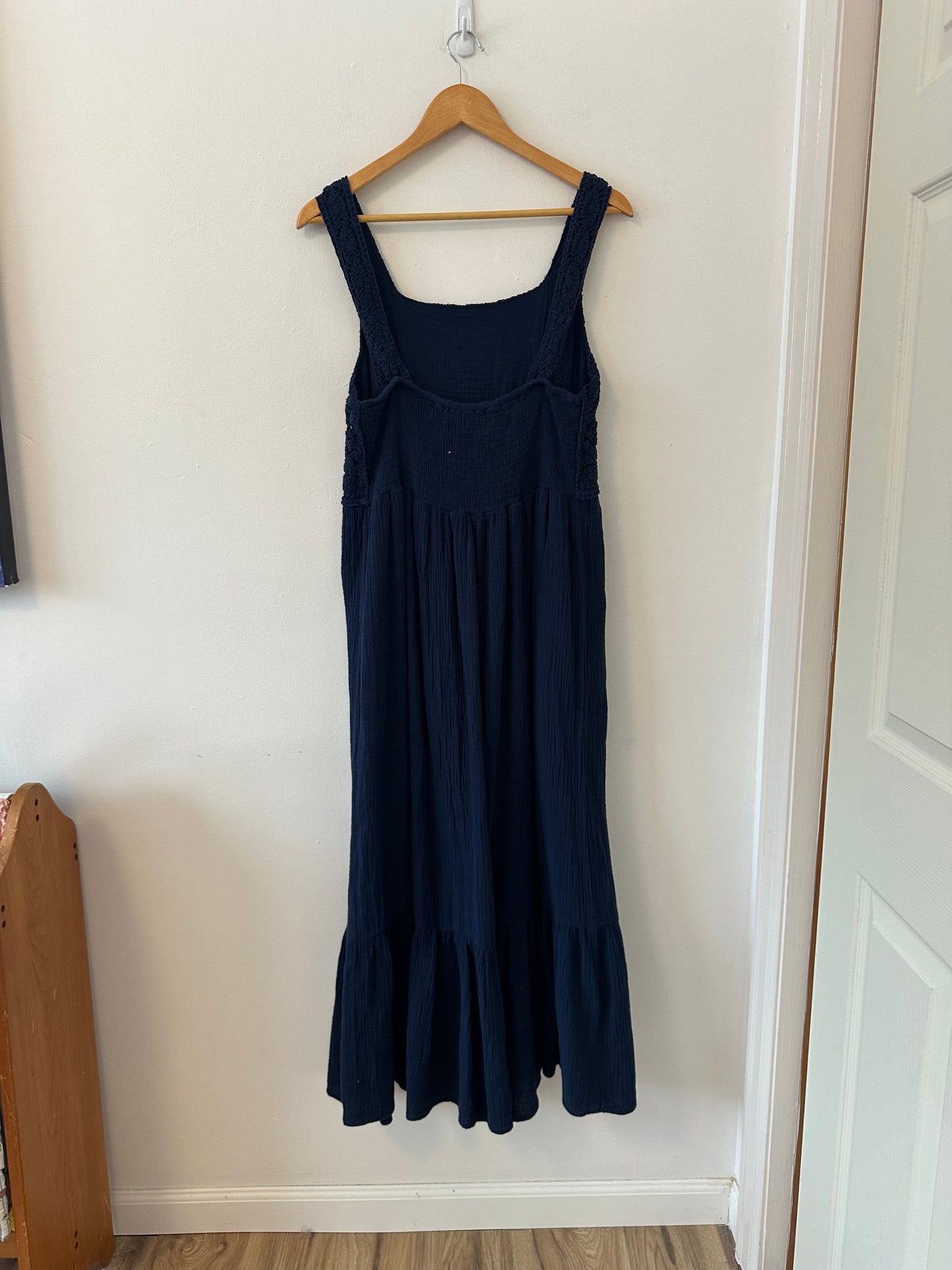 NWT Dear John Navy Blue Cotton Crochet and Gauze Chasity Maxi Dress | Size Large