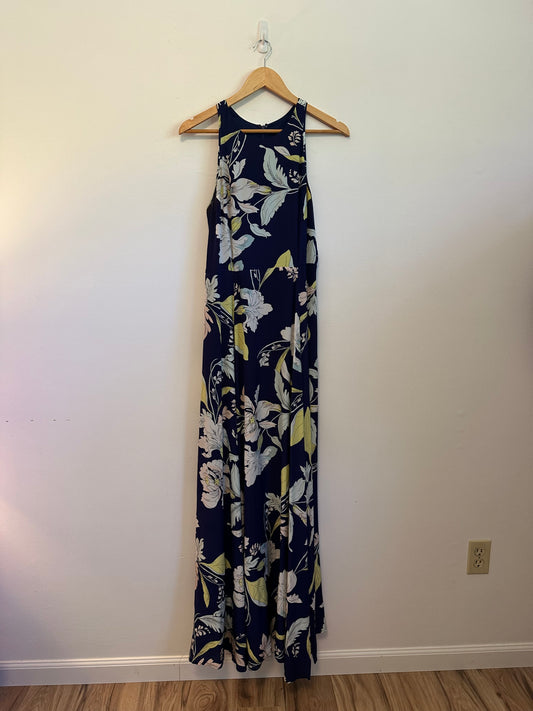 Yumi Kim Navy Blue Floral Silk Maxi Dress with High Neck and Slit | Size Medium