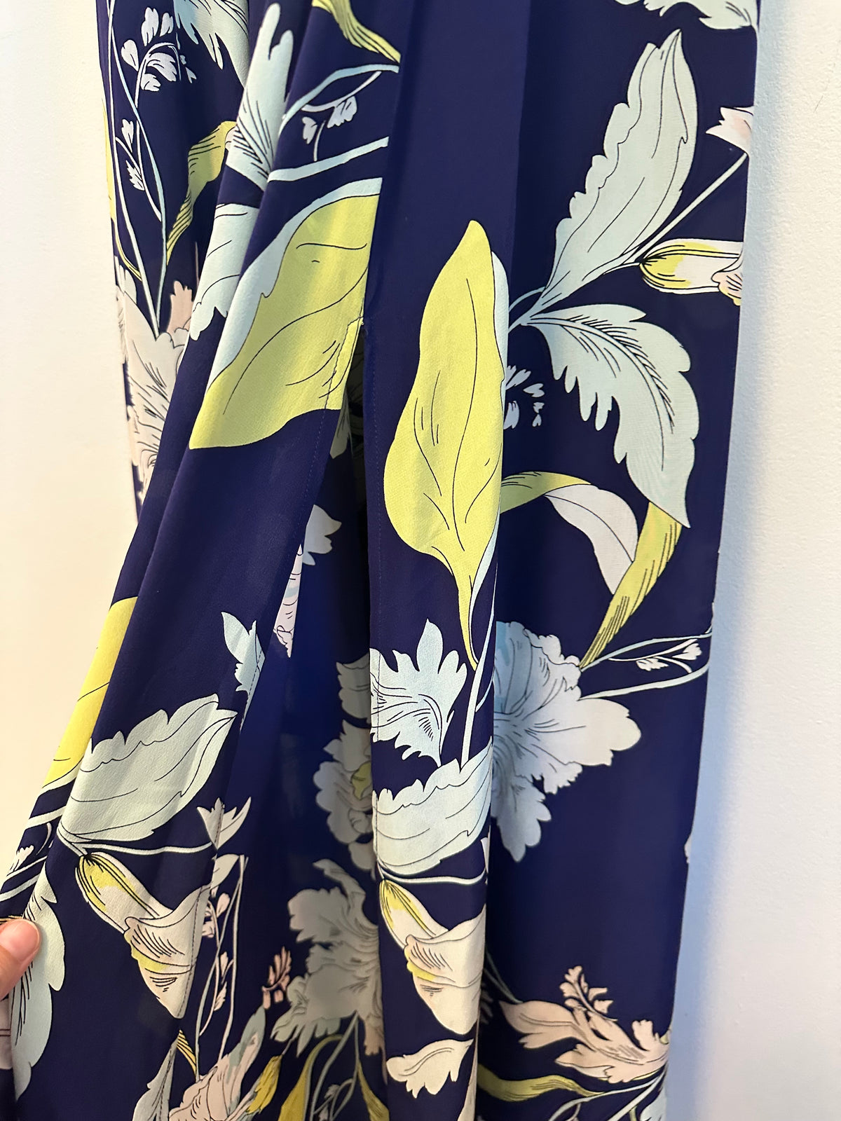 Yumi Kim Navy Blue Floral Silk Maxi Dress with High Neck and Slit | Size Medium
