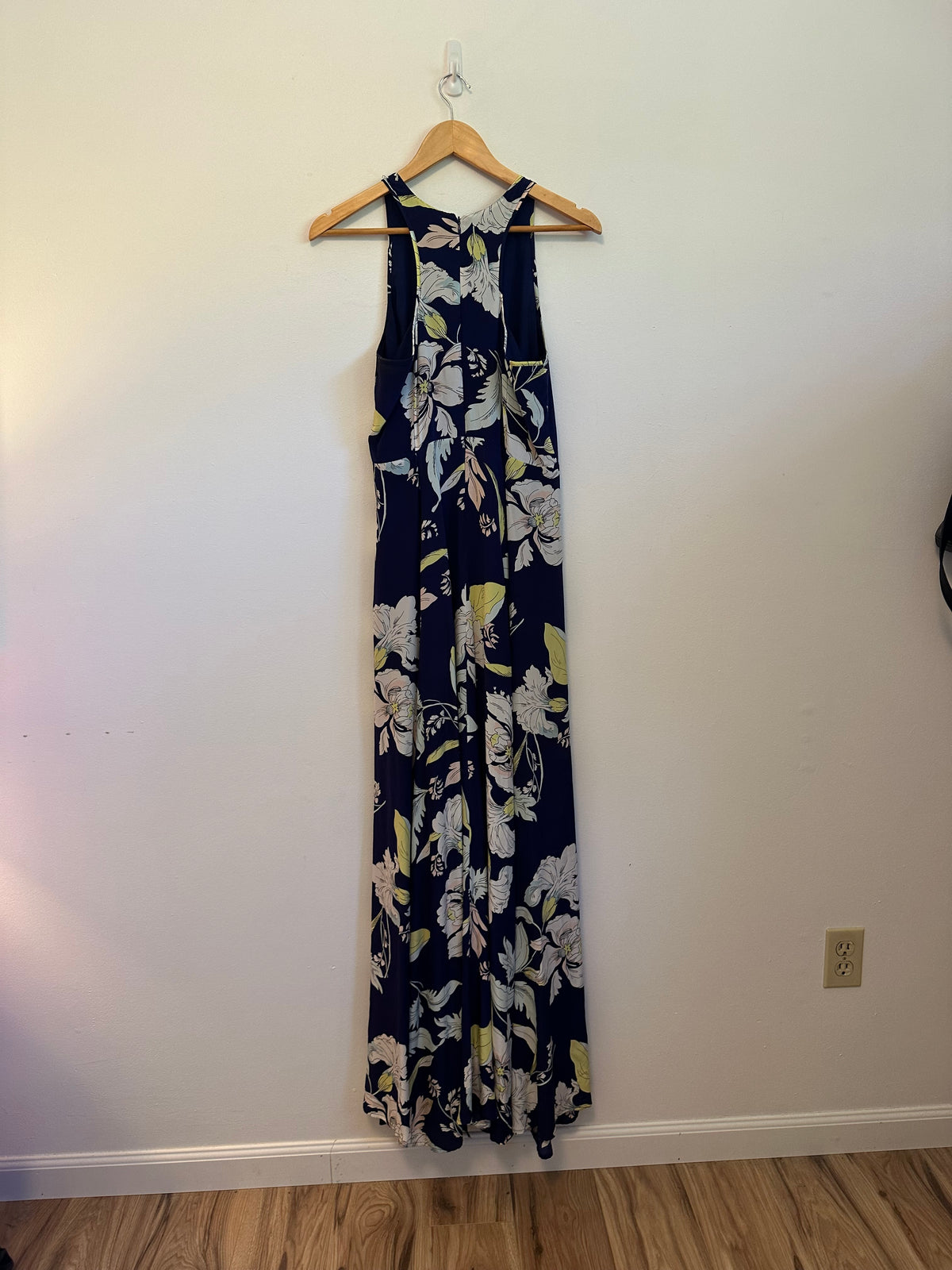 Yumi Kim Navy Blue Floral Silk Maxi Dress with High Neck and Slit | Size Medium