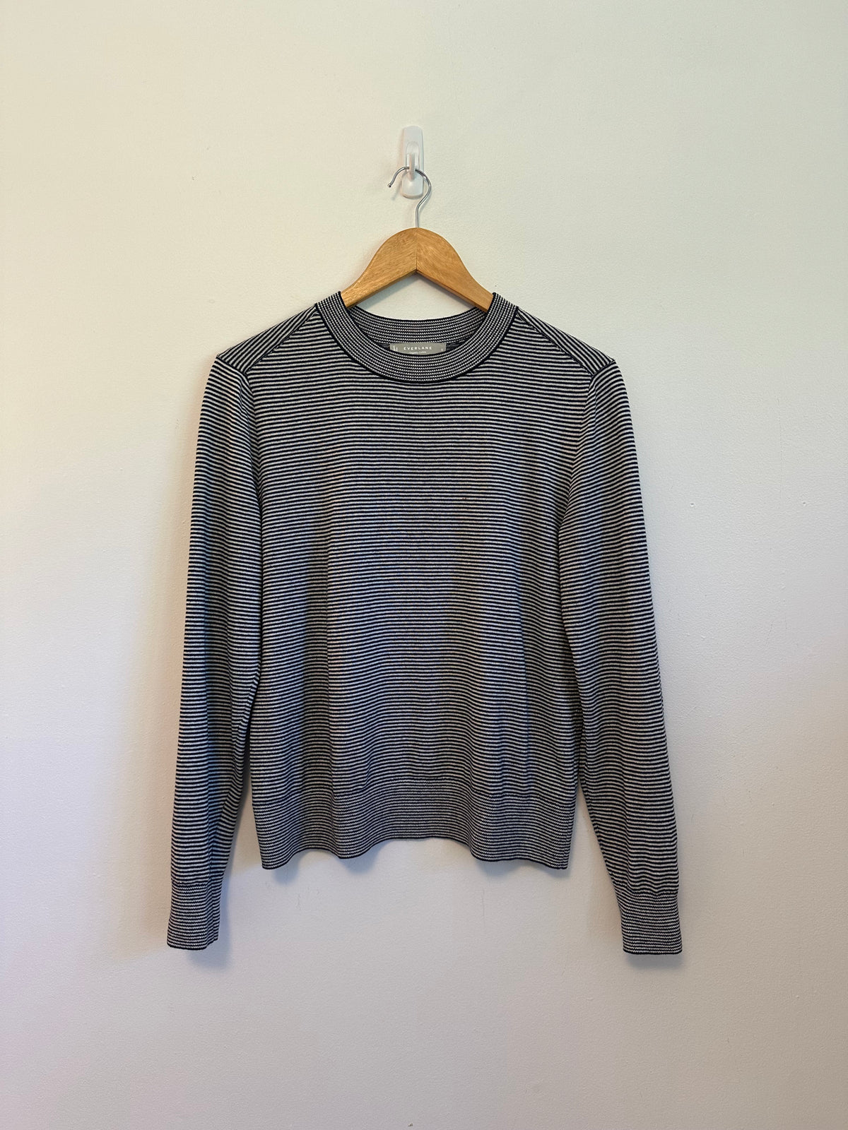 Everlane Organic Cotton Striped Crew Neck Sweater in Navy and White | Size Small