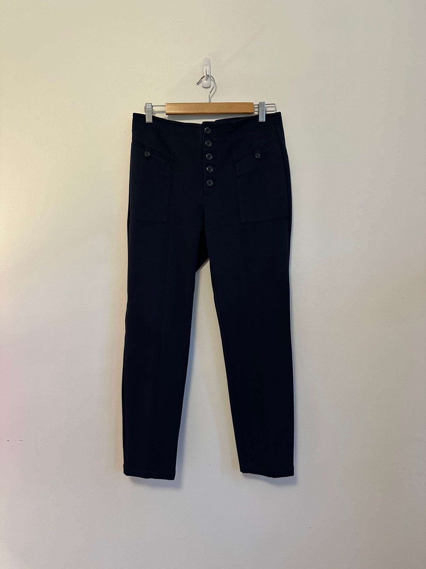 Anthropologie Bryson Button Front High Rise Tapered Leg Pants in Navy Blue | Size 8