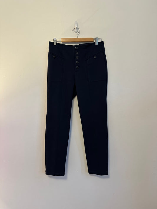 Anthropologie Bryson Button Front High Rise Tapered Leg Pants in Navy Blue | Size 8