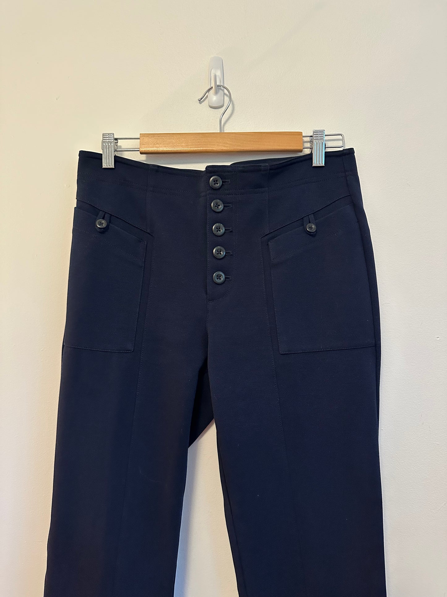 Anthropologie Bryson Button Front High Rise Tapered Leg Pants in Navy Blue | Size 8